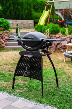 Kapalı Elektrikli Ev Izgarası Arka Bahçe Bahçesinde Izgara Et ve Sebzelere Hazırlanıyor