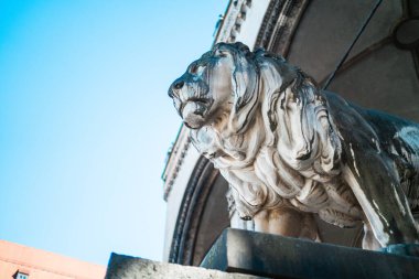 Münih 'te çarpıcı bir taş aslan heykeli açık mavi gökyüzüne karşı duruyor, şehir mimarisinin gücünü ve otoritesini simgeliyor..