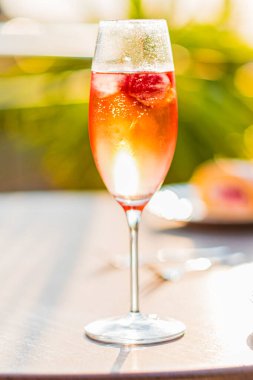 Parlak bir yaz kokteyli şık bir bardakta taze böğürtlenlerle süslenmiş, arka planda güneşli, canlı bir bahçe olan açık hava masasına kurulmuş. Kutlamalar ve toplantılar için mükemmel..