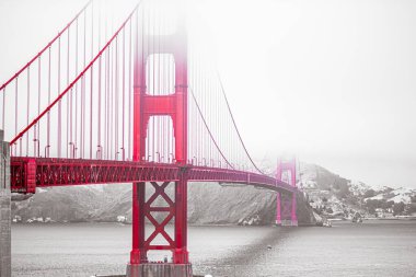 Golden Gate Köprüsü 'nün göz kamaştırıcı manzarası sisle örtülmüş, dingin körfeze karşı canlı kırmızı dizaynını sergiliyor. Bu görüntü San Francisco 'nun ikonik simgesinin özünü yakalıyor..