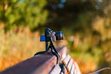 Tahta bir bankın üzerine yerleştirilmiş dijital kamera güzel bir açık hava sahnesini yakalar. Işıklandırma, fotoğraf meraklıları için doğayı keşfetmek ve çarpıcı görüntüler yakalamak için ideal hale getiriyor.
