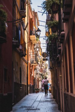 Renkli tarihi binalar ve sarkık bitkilerle kaplı büyüleyici dar bir sokağı keşfedin. Bu resim gibi manzara, güneşli bir günde canlı bir Akdeniz kasabasında huzurlu bir ortam sergiliyor..