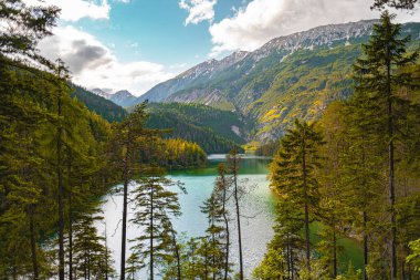 Sakin bir göl manzarası... yemyeşil ormanlarla çevrili, görkemli dağlara karşı... karla kaplı zirveler ve bulutlarla noktalanmış berrak mavi bir gökyüzü..