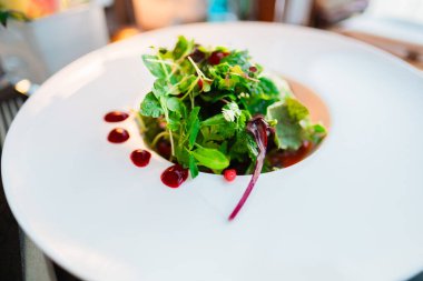 Canlı bir salata, taze karışık yeşillikleri kırmızı böğürtlenlerle süsleyen, zarif beyaz bir tabakta sanatsal bir şekilde sunulan, güzel yemek estetiğini ve sağlıklı yeme alışkanlıklarını özetleyen..