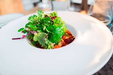 Taze yeşil salata, karışık sebzeler ve sebzeler beyaz bir tabakta güzelce servis edilir. Gurme yemek deneyimi için mükemmel ya da sağlıklı beslenmeyi vurgulamak için..