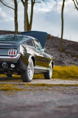 Vintage esinlenilmiş siyah bir araba toprak bir zemine park edilmiş, kaputu kaldırılmış, ağaçların manzaralı zeminine ve akşamın erken saatlerinde gökyüzüne karşı. Sahnede nostalji ve işçilik vurgulanıyor..