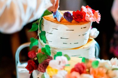 Doğal huş ağacı deseni tasarımı ve renkli çiçek süslemeleri ile süslenmiş bir düğün pastasının detaylı bir yakın çekimi. Doğa, güzellik ve zarafet temalı kutlamalar için mükemmel..