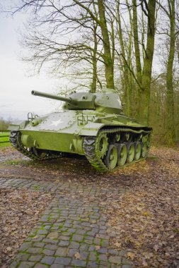 Ağaçların ve kaldırım taşlarının arkasında, tarihi, gücü ve korunmayı simgeleyen, açık havada sergilenen klasik bir askeri tank..
