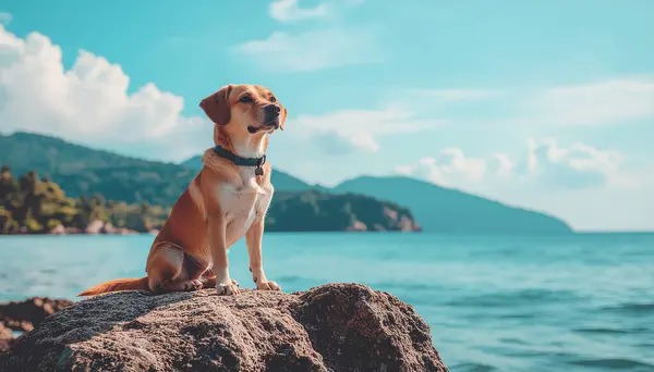Köpek plaj manzarasının tadını çıkarıyor.