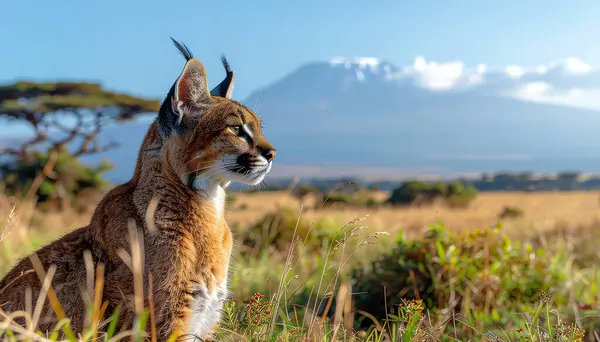Arka planda Kilimanjaro Dağı olan ovaya bakan Karakter Kedisi