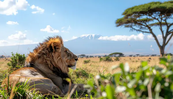 Uzakta Kılımanjaro Dağı ile Savanna 'ya yaslanan Görkemli Aslan