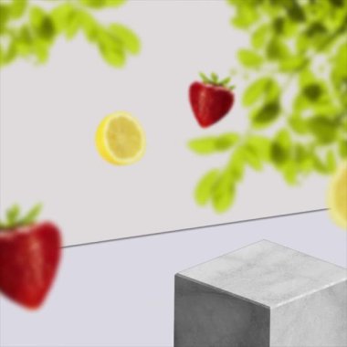 3 Boyutlu Mermer Küpler Ürün Modeli. Citrus & Strawberry Elements ile Ürün Fotoğrafçılığı. Bulanık Meyve ve ve Botanik Arkaplan ile Modern Taş Ekran Standı.