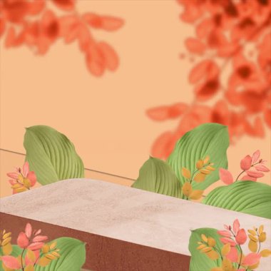 Autumn Botanik geçmişi olan Doğal Taş Yayası. Serene Ürün Ekranı Turuncu ve Yeşil Yaprak Dekorasyonu.