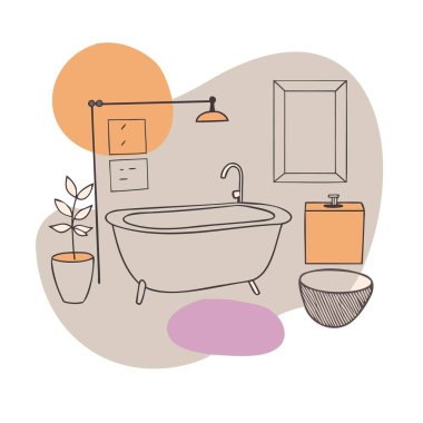 Beyaz arka planda bir banyo resmi. Ayna, banyo, bitki ve resim çizimi. Vektör illüstrasyonu.