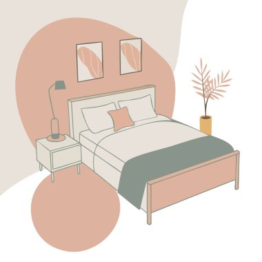 Beyaz arka planda bir yatak odası resmi. Yatak, ev bitkisi, resim, komodin. Vektör illüstrasyonu.