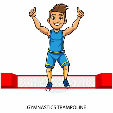 Jimnastik trambolin sporcusu beyaz arka planda karikatür tarzında izole edilmiş. 2024 Yaz Oyunları. Vektör illüstrasyonu.