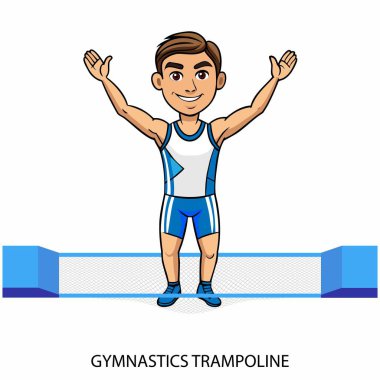 Jimnastik trambolin sporcusu beyaz arka planda karikatür tarzında izole edilmiş. 2024 Yaz Oyunları. Vektör illüstrasyonu.