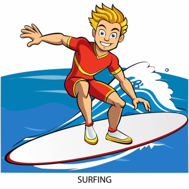 Çizgi film tarzında beyaz arka planda izole edilmiş sörf sporcusu. 2024 Yaz Oyunları. Vektör illüstrasyonu.