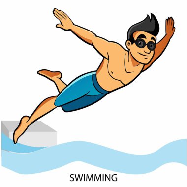 Atlet yüzücü beyaz arka planda karikatür tarzında izole edilmiş. Vektör illüstrasyonu.