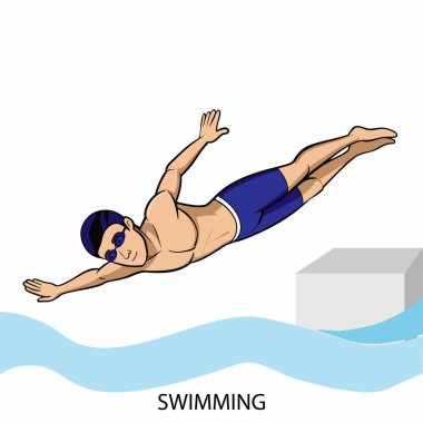 Atlet yüzücü beyaz arka planda karikatür tarzında izole edilmiş. Vektör illüstrasyonu.