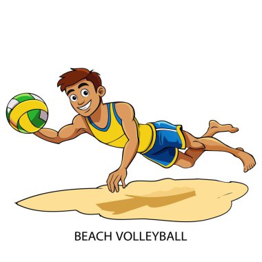 Plaj voleybolu atleti beyaz arka planda karikatür tarzında izole edilmiş. 2024 Yaz Oyunları. Vektör illüstrasyonu.