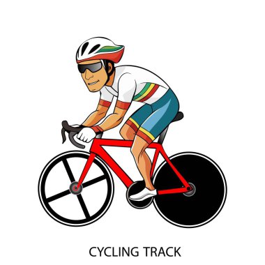 Çizgi film tarzında beyaz arka planda izole edilmiş bisiklet pisti atleti. 2024 Yaz Oyunları. Vektör illüstrasyonu.