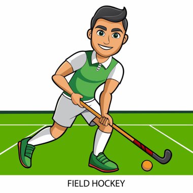 Çim hokeyi atleti beyaz arka planda karikatür tarzında izole edilmiş. 2024 Yaz Oyunları. Vektör illüstrasyonu.