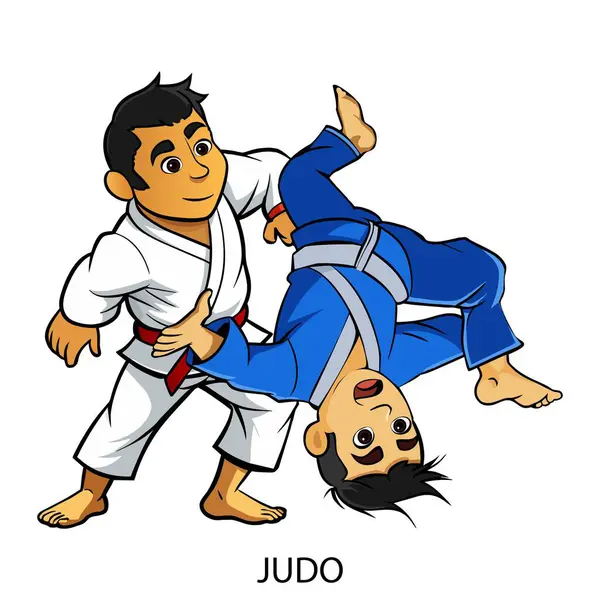 İki judo atleti beyaz arka planda karikatür tarzında izole edilmiş. 2024 Yaz Oyunları. Vektör illüstrasyonu.