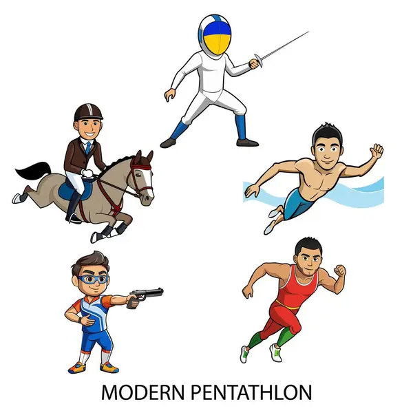 Modern pentatlon sporcuları beyaz arka planda karikatür tarzında izole edilmiştir. 2024 Yaz Oyunları. Vektör illüstrasyonu.