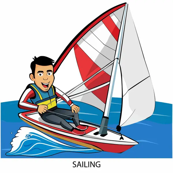 Yelkenli sporcu beyaz arka planda karikatür tarzında izole edilmiş. 2024 Yaz Oyunları. Vektör illüstrasyonu.