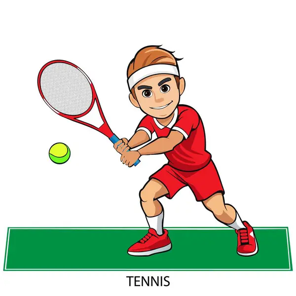 Tenis atleti beyaz arka planda karikatür tarzında izole edilmiş. 2024 Yaz Oyunları. Vektör illüstrasyonu.