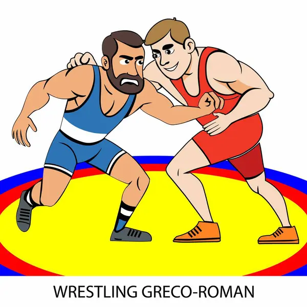 Greko-Romen güreş sporcuları beyaz arka planda karikatür tarzında izole edilmiş. Vektör illüstrasyonu.