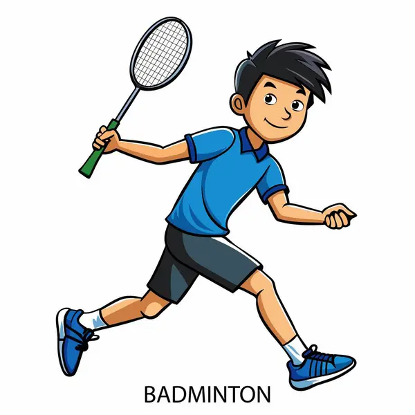 Badminton atleti beyaz arka planda karikatür tarzında izole edilmiş. 2024 Yaz Oyunları. Vektör illüstrasyonu.