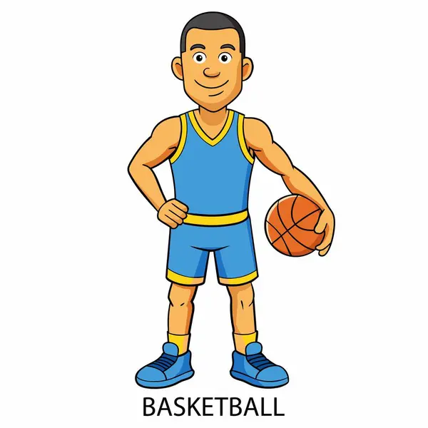 Beyazların arka planında karikatür tarzında top oynayan atlet basketbolcu. Vektör illüstrasyonu. 