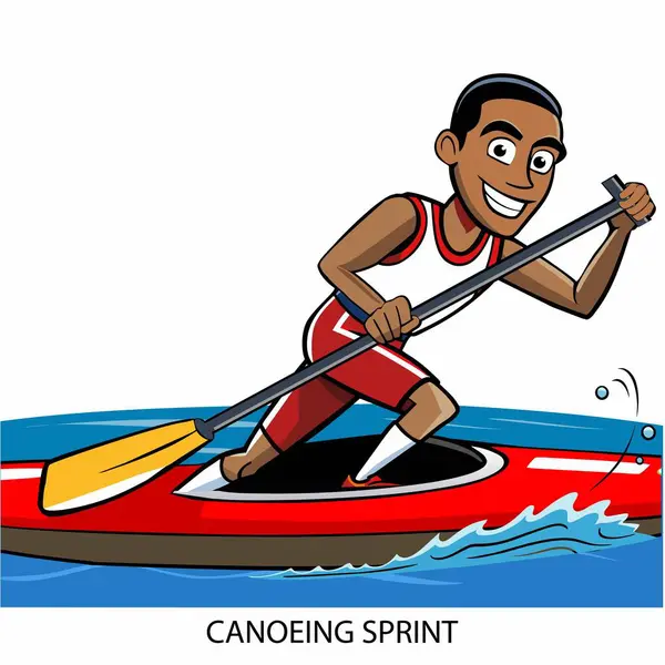 Kano sprint atleti beyaz arka planda karikatür tarzında izole edilmiş. 2024 Yaz Oyunları. Vektör illüstrasyonu.
