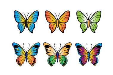 Vektör kelebek koleksiyonu. Suluboya çizimi. Renkli Kelebekler klip seti. Bebek partisi tasarım elemanları. Parti davetiyesi, doğum günü kutlaması. Bahar, yaz dekorasyonu. Pembe sarı kırmızı palet