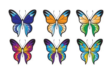 Vektör kelebek koleksiyonu. Suluboya çizimi. Renkli Kelebekler klip seti. Bebek partisi tasarım elemanları. Parti davetiyesi, doğum günü kutlaması. Bahar, yaz dekorasyonu. Pembe sarı kırmızı palet