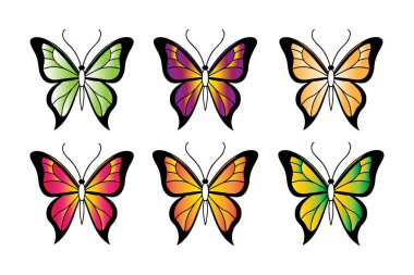 Kelebek koleksiyonu. Suluboya çizimi. Renkli Kelebekler klişe seti. Çok renkli. Bebek partisi tasarım elemanları. Parti davetiyesi, doğum günü kutlaması. Bahar, yaz dekorasyonu. Çocuk dekorasyonu