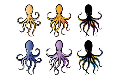 Ahtapot vektörü. Dokunaçları olan vahşi su altı hayvanı karikatür okyanus yaratığı tam vektör resimleri koleksiyonu