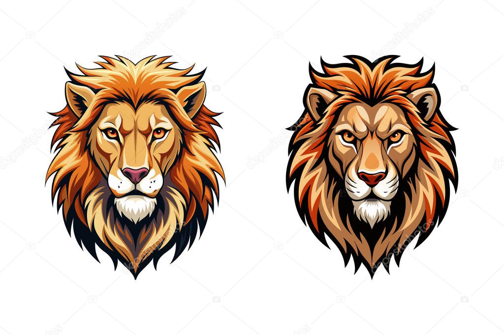 Angry roaring lion head with fiery shield.