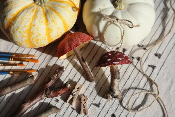 Portakal kabukları ve dallardan yapılmış boyalı mantarlarla sonbahar sanatı projesi. Yüksek kaliteli fotoğraf.