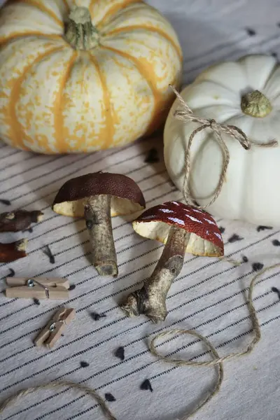 Portakal kabukları ve dallardan yapılmış el yapımı mantar süslemeleri. Sonbahar temalı doğal malzemeli DIY dekoru. Yüksek kaliteli fotoğraf.