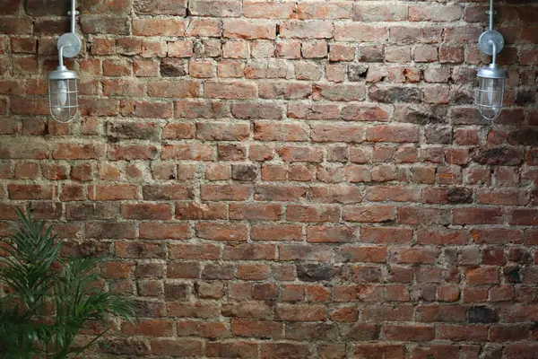 Açığa çıkmış kırmızı tuğla bir duvarın desenli bir yakın çekimi. İki endüstriyel sallanan ışık ve köşede yeşillik. Arkaplan ya da doku olarak kullanmak için ideal. Yüksek kaliteli fotoğraf.