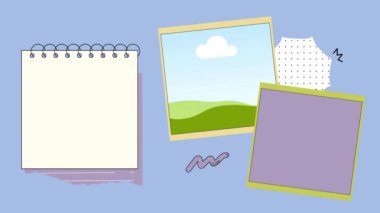 Boş defter seti, fotoğraf çerçevesi, not defteri, defter. düz yat.