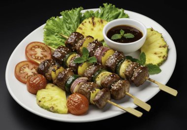 Beyaz bir tabakta sunulan ananas ve taze sebzeli leziz ızgara et şişleri barbekü etkinlikleri için idealdir. Lezzetli ve iştah açıcıdır ve harika bir aperatif olarak sunulabilir, öğle ya da akşam yemeği. Yemek dikkatlice hazırlandı. 