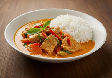 Haşlanmış beyaz pirinçle mükemmel bir şekilde eşleştirilmiş otantik Tayland yeşil köri tabağı. Bu lezzetli yemek, basit ama zarif beyaz bir kase içinde sıcak ahşap bir masa zeminine karşı sunuluyor. Zengin kremalı köri taze B ile vurgulanır.