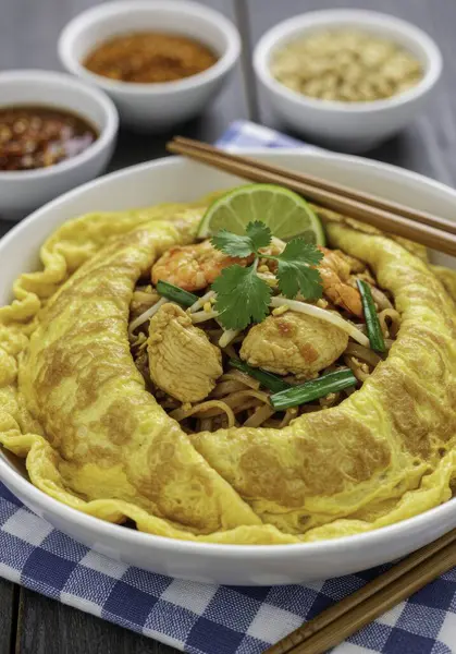 Bir omlet kasesinde servis edilen karides ve tavuklu bir kase pad Thai geleneksel meze ile servis edilir. Doğunun lezzetlerini tatma isteği uyandıran sunuma nefis, taze bir yaklaşım..