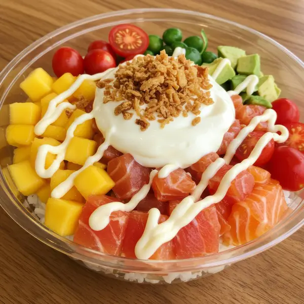 Güzel düzenlenmiş bir poke kasesinde canlı somon parçaları, kremalı avokado, tatlı mango ve sulu vişneli domates bulunur. Cömert bir sos ve çıtır çıtır malzemeyle kaplanmış bu dengeli yemek gözler ve damak tadı için bir ziyafet..