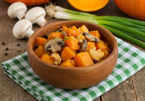 Tahta bir kasede balkabağı ve mantarların yer aldığı doyurucu bir sonbahar yemeği, pamuklu kumaş üzerinde servis edilir. Sonbahar temalı yemek ya da vegan mutfağı için kırsal ve davetkar bir görsel..