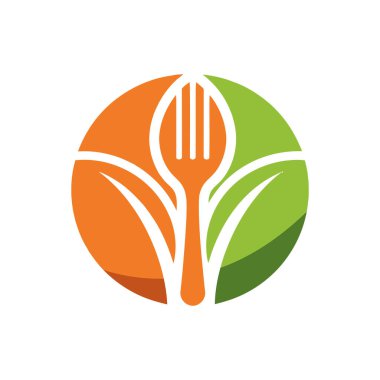 Şekil verilmiş kaşık ve çatalın soyut yaprak elementleriyle iç içe geçtiği, organik gıdayı, sağlıklı beslenmeyi ve mutfak sanatını temsil eden görsel olarak çekici bir tasarım. Renklerin karışımı şöhret için uygun bir canlılık ve canlılık hissi yaratır.